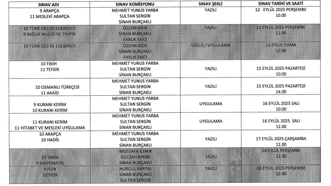 2025-2026 EĞİTİM ÖĞRETİM YILI EYLÜL DÖNEMİ SORUMLULUK SINAV TAKVİMİ